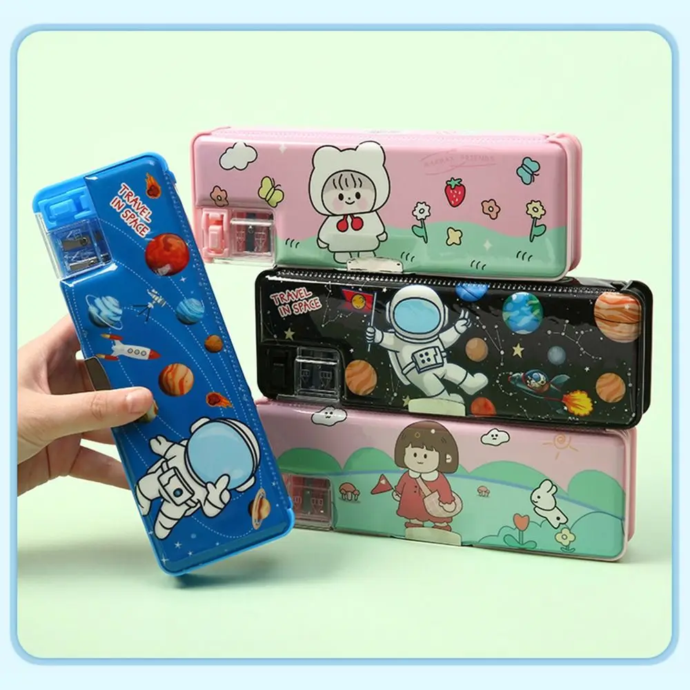 

Double Layer Pencil Case With Pencil Sharpener Plastic Stationery Storage Box Astronaut Design Pencil Box Students Gift