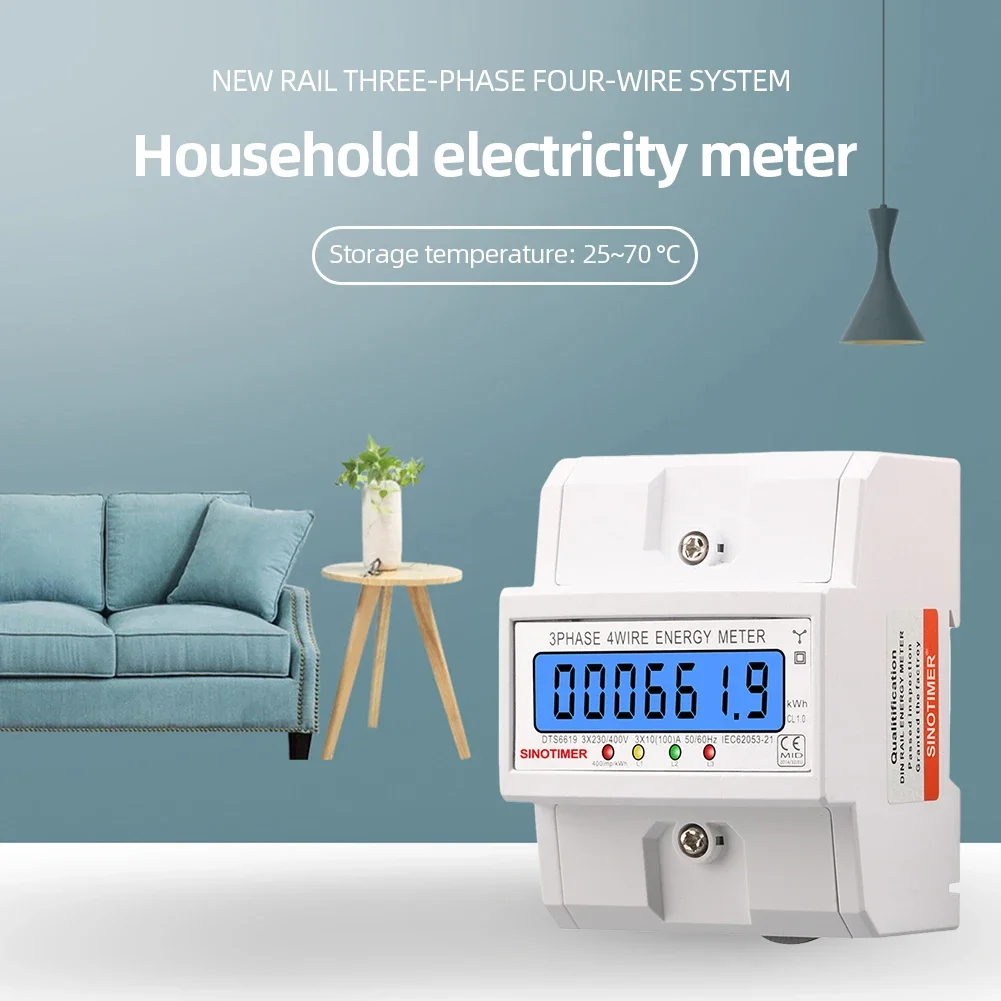 3 Phase 4 Wires Electric Energy Meter Din Rail Electricity Usage Meter 50/60HZ Power Consumption Monitor 100A AC 3*230/400V