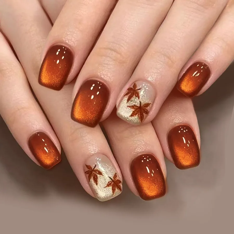 Autumn Press on Nails Short Square Brown Gradient Cat Eye Maple Leaf False Nails for Women Daily Wear