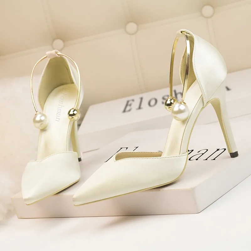 

New Fashion Simple Shallow Mouth Satin Hollow Pointed Women's Shoes High-heeled Sexy Solid Color Metal Ring A Word Strap Sandals