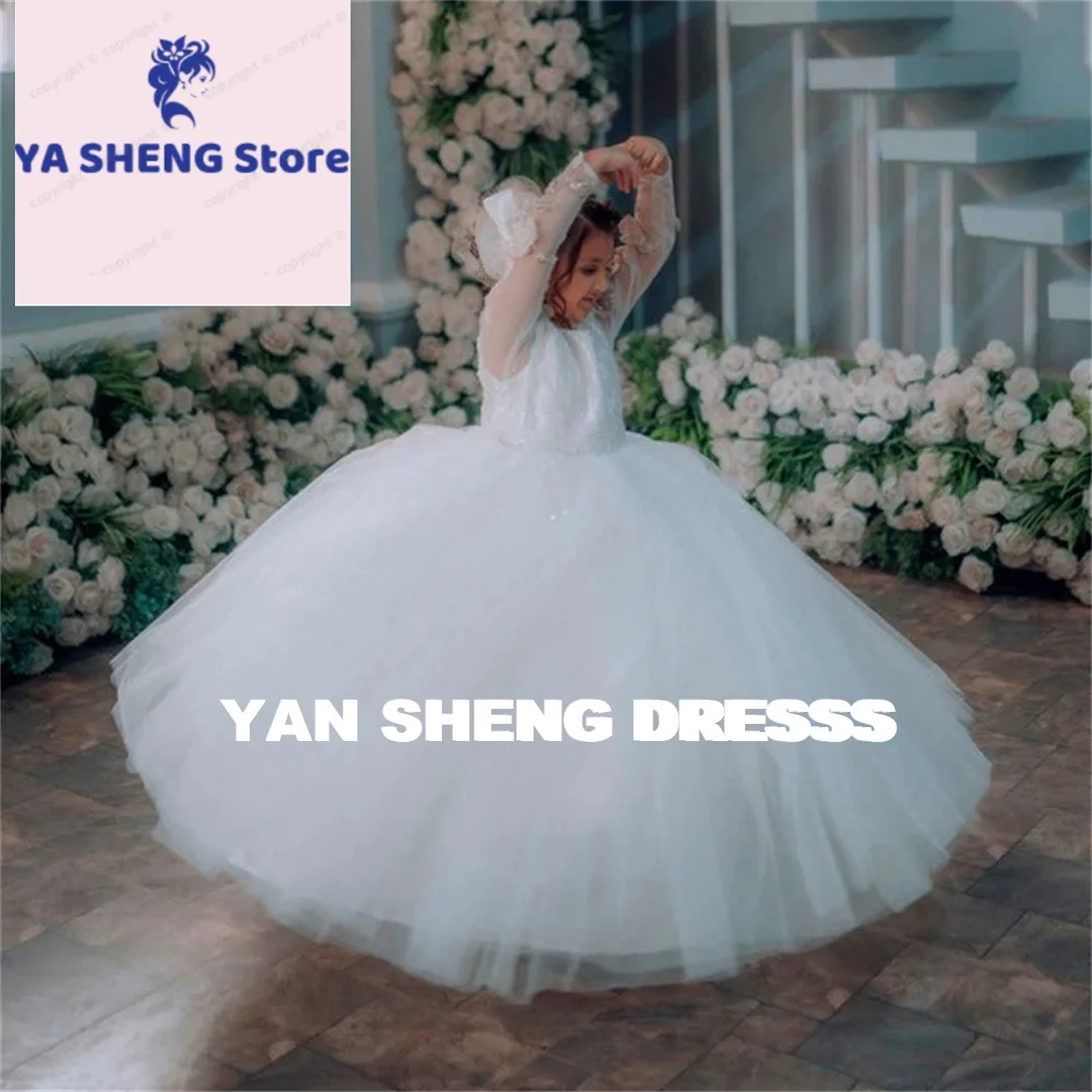 

Customized LongSleeve Applique CrystalLuxury First Communion Dress Floor Length Elegant Long Ball Flower Girl Gown