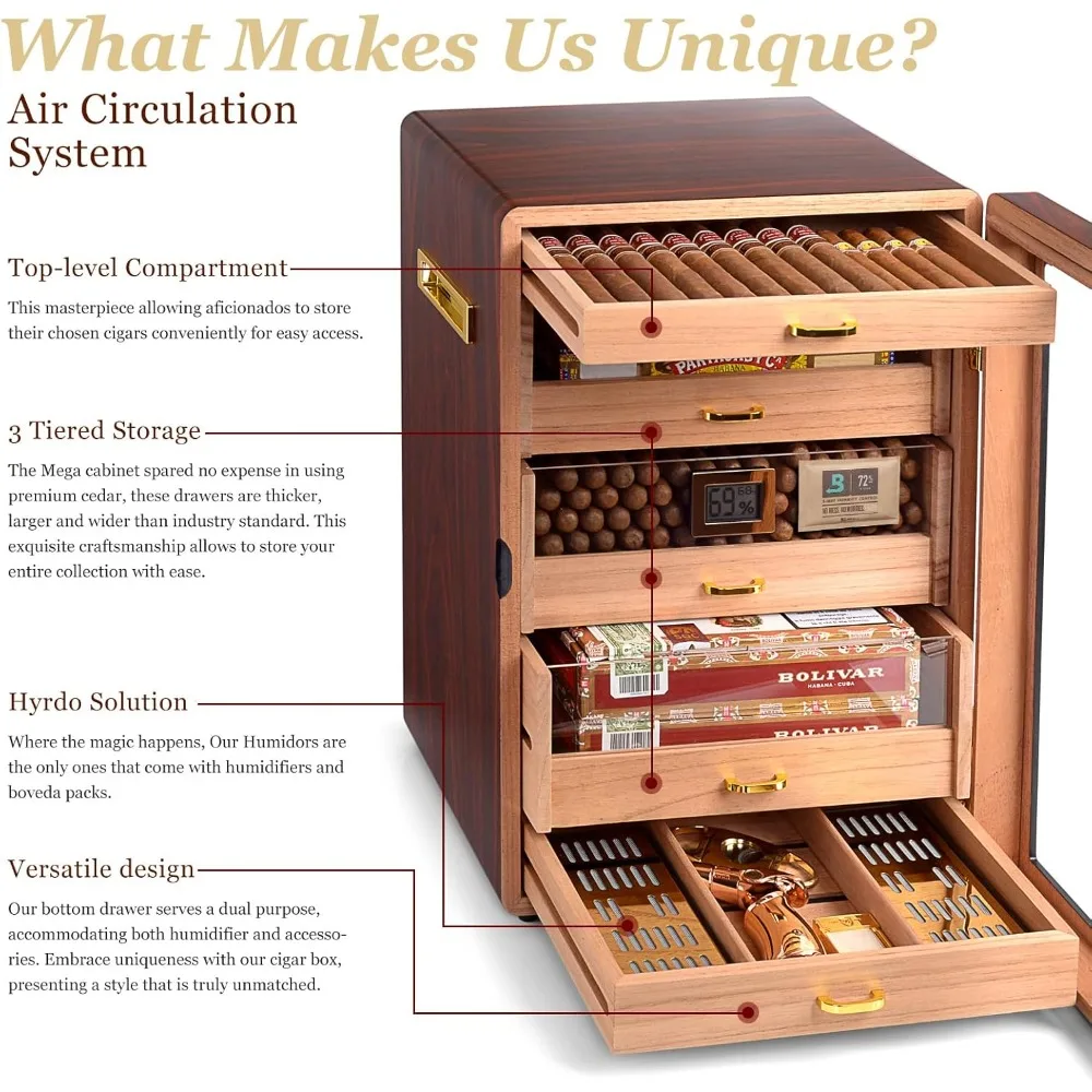 Cedar Wood Humidor with Digital Hygrometer, Drawers, Humidifiers and Gold-Plated Hardwares. Cigar humidor Cabinet