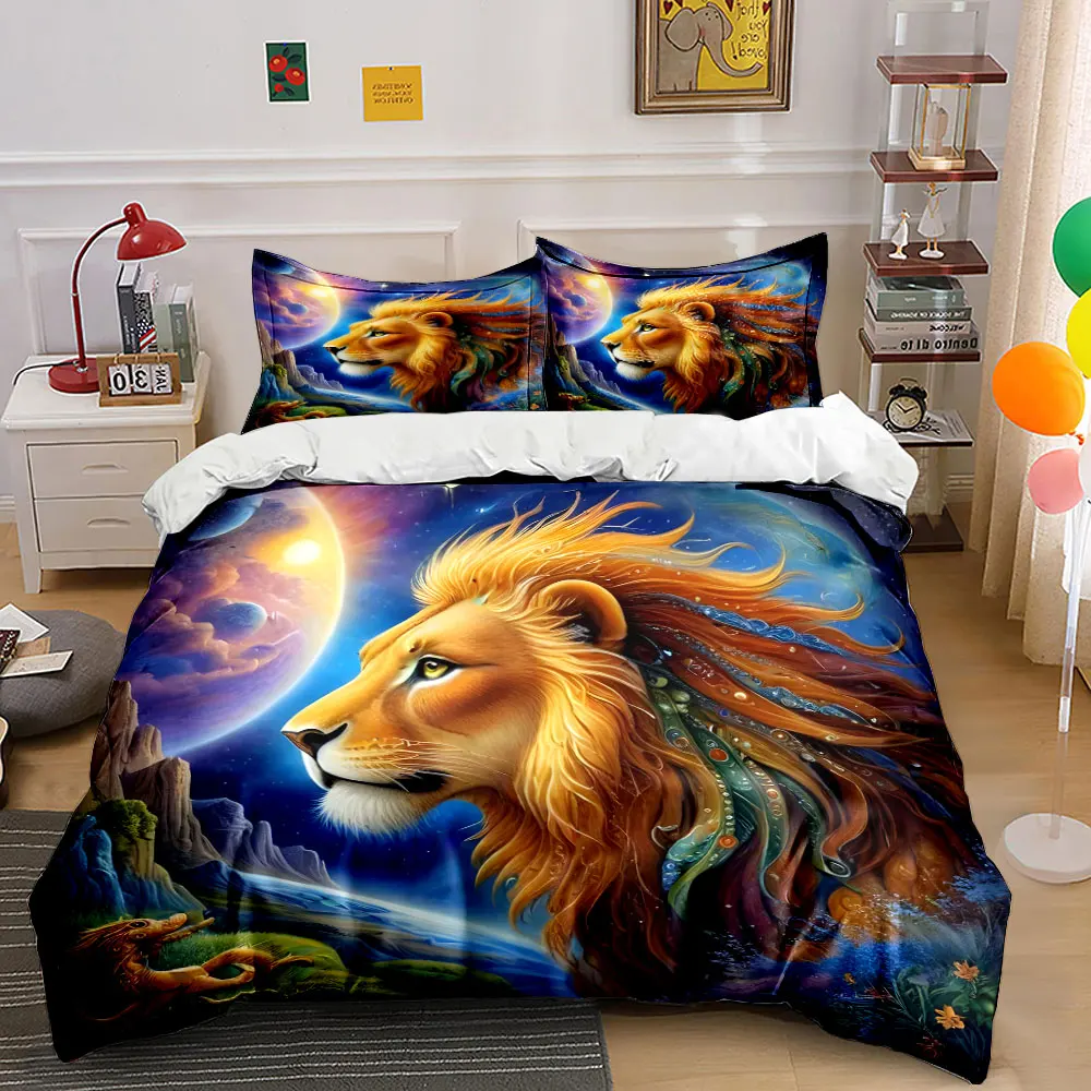 Lion and Cosmic Scenery Printed Duvet Cover Set 1 Duvet Cover+2 Pillowcase Multi Size Bedroom Bedding Decor Machine Washable