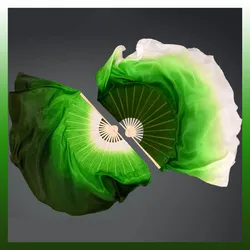 1 Pc Two Layers Double Veil Real Silk Bamboo Folding Fan Bellydance Performance Show Props Half Circle Silk Veils Green