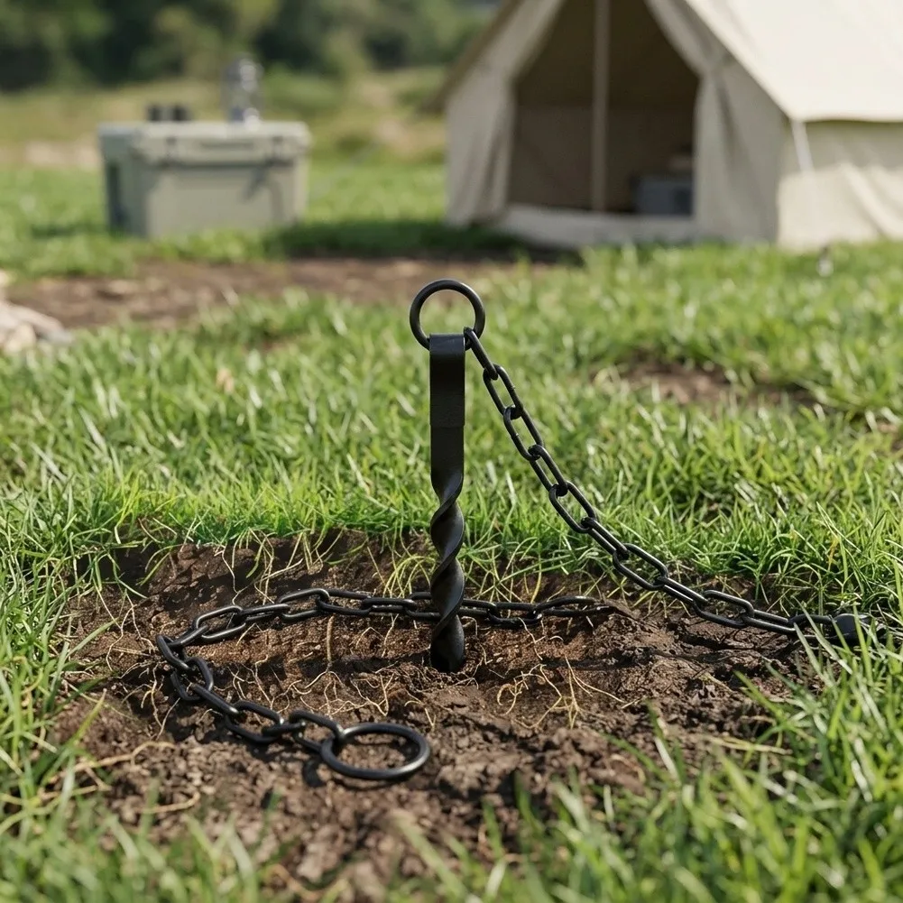 13in Ground Anchor Stake for Rain For Chains Iron Material Matte Black Finish Prevents Swaying in Windy Conditions