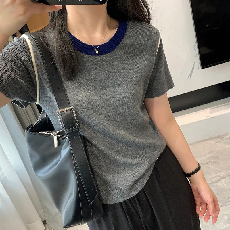 

Comfortable Ice Silk round Ne Pullover ort Sve Knit Top Slimming Color Blo oulder Faionable Summer Base irt