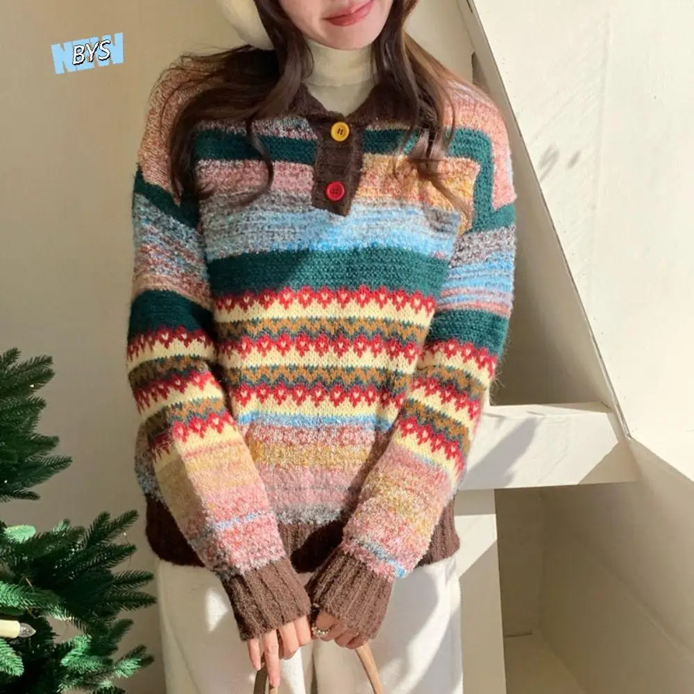 

Korean Style Long Sleeve Knit Sweater Women Soft Sweet Sweet Girl's Pullover Retro Loose Winter Autumn Knitted Top Gift