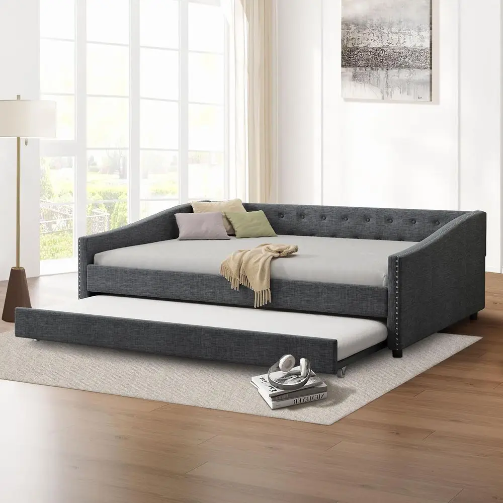 Upholstered Daybed with Trundle, Tufted Sofa Bed, Button-Tufted Back, Piping on Arms, Dark Grey, No Box Spring Needed for Bedroo
