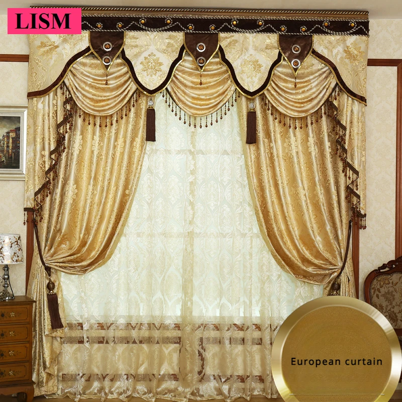 Luxury European High-precision Bronzing Jacquard Curtains for Living Room and Bedroom Window Blackout Custom Valance Decor Tulle