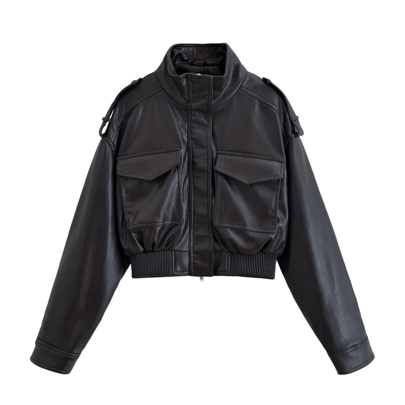 Women Autumn Winter Vintage Faux Leather Jackets Coat Pockets Loose Stand Collar Long Sleeve Zipper Coat Lady Chic Jacket