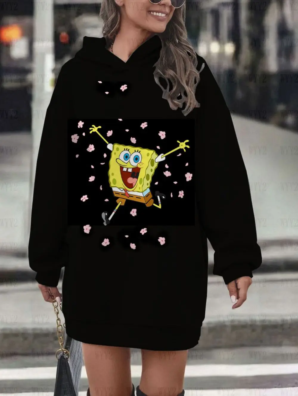 

Girls Fashion Autumn and Winter SpongeBob Cartoon Print Girls Hoodie Dress Personality Casual Comfortable Hoodie