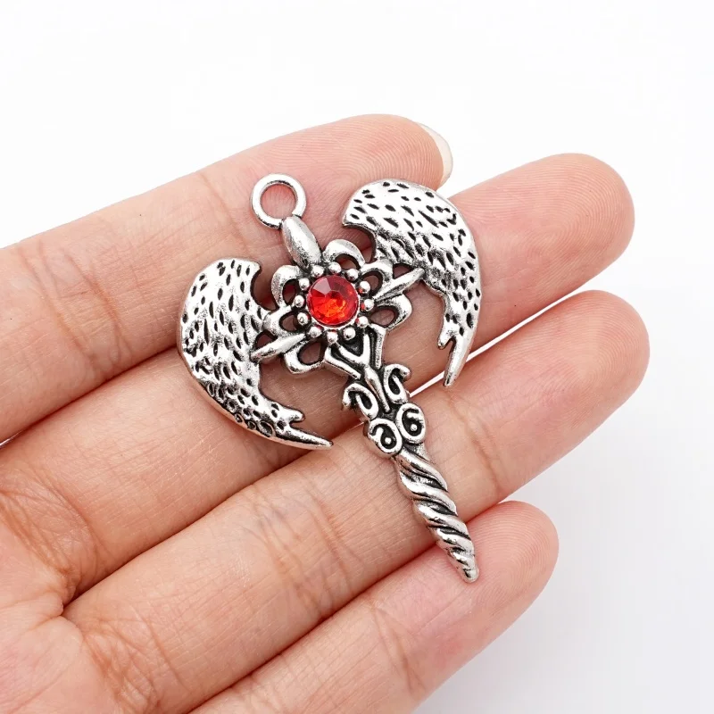 5Pcs Gothic Silver Wing Twisted Sword Devil Wing Cross Pendant with Red Water Diamond for DIY Jewelry Making Supplies