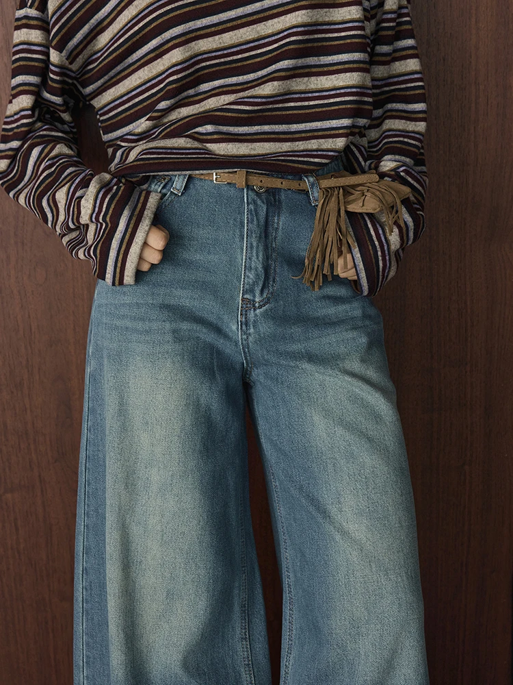 FANAN Vintage Gewaschene Jeans Für Frauen Hohe Taille Gerade Breite Bein Denim Hosen Büro Dame Lose Hosen Mode Winter Neue