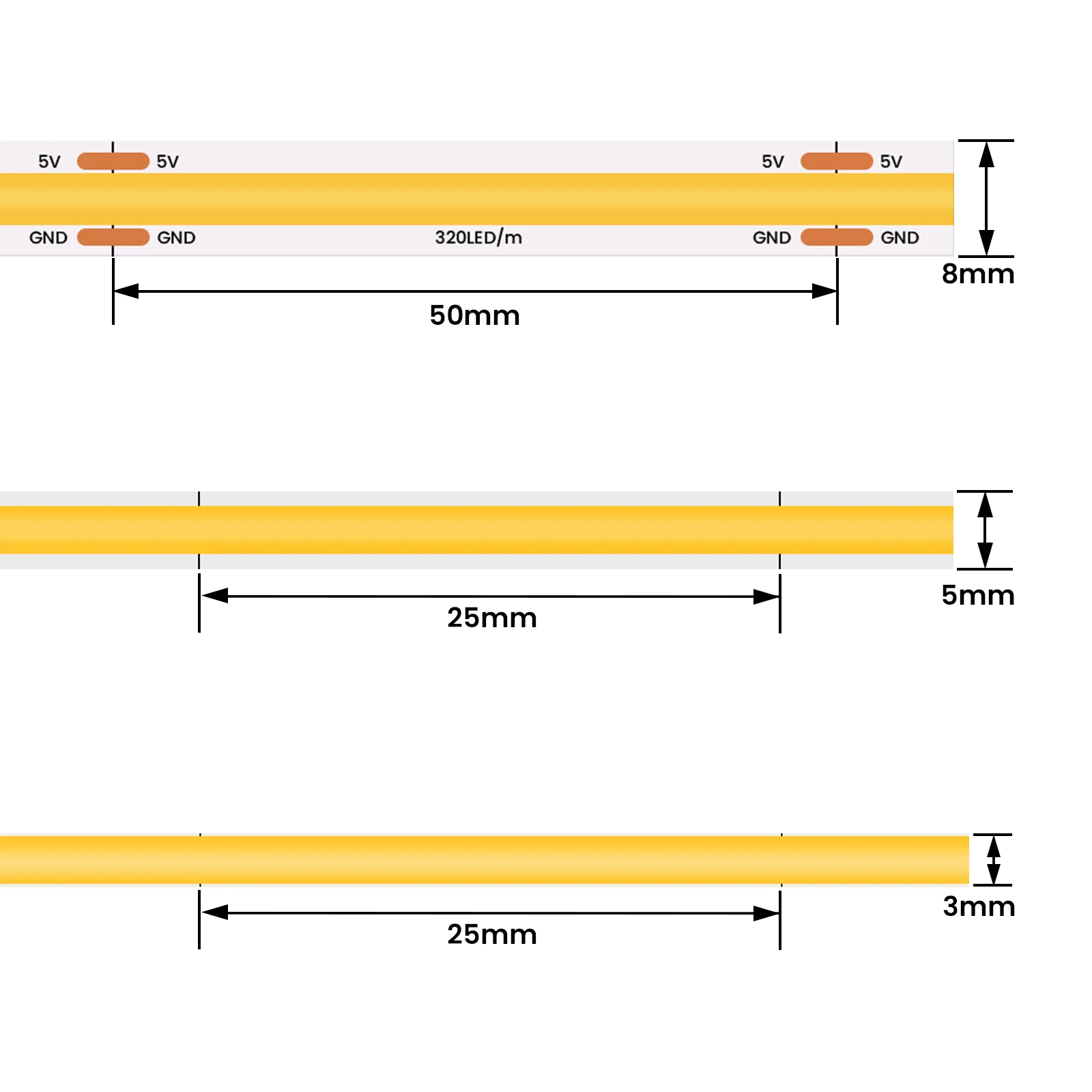 3MM 5MM 8MM PCB USB COB LED Strip 5V 320LEDs/m High Density COB LED Tape Red Blue Green Pink Yellow Warm Natural White LED Strip