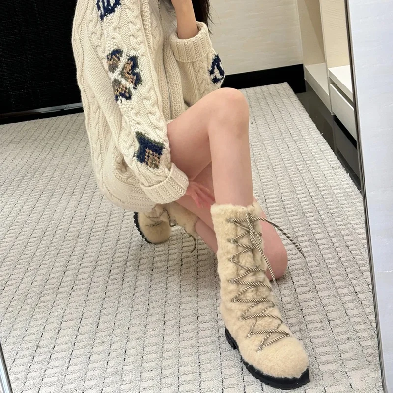 

Lamb Fur Lined Thickened Mid-Calf Snow Boots Women's Cross Buckle Korean Style Warm Cotton Shoes Flat Heel Rubber Outsole