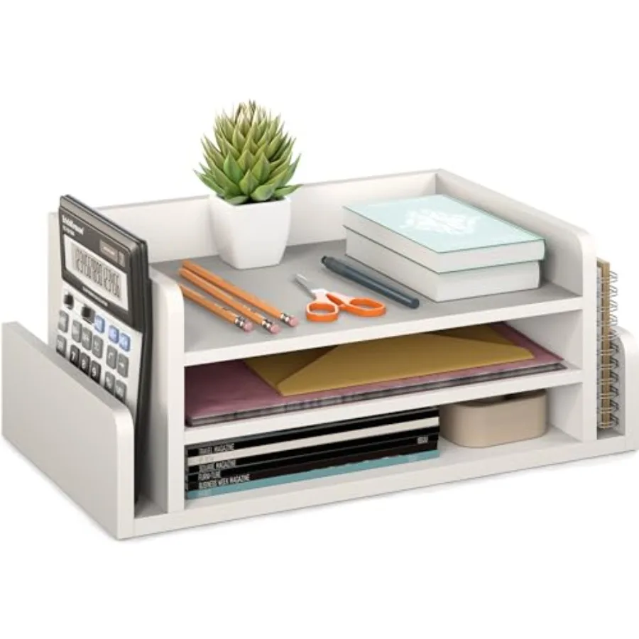 

3-Tier Desk Organizer with 2 Side Mail Sorter Slots Wood Letter Tray Open Top Paper Organizer Desktop File Organizer
