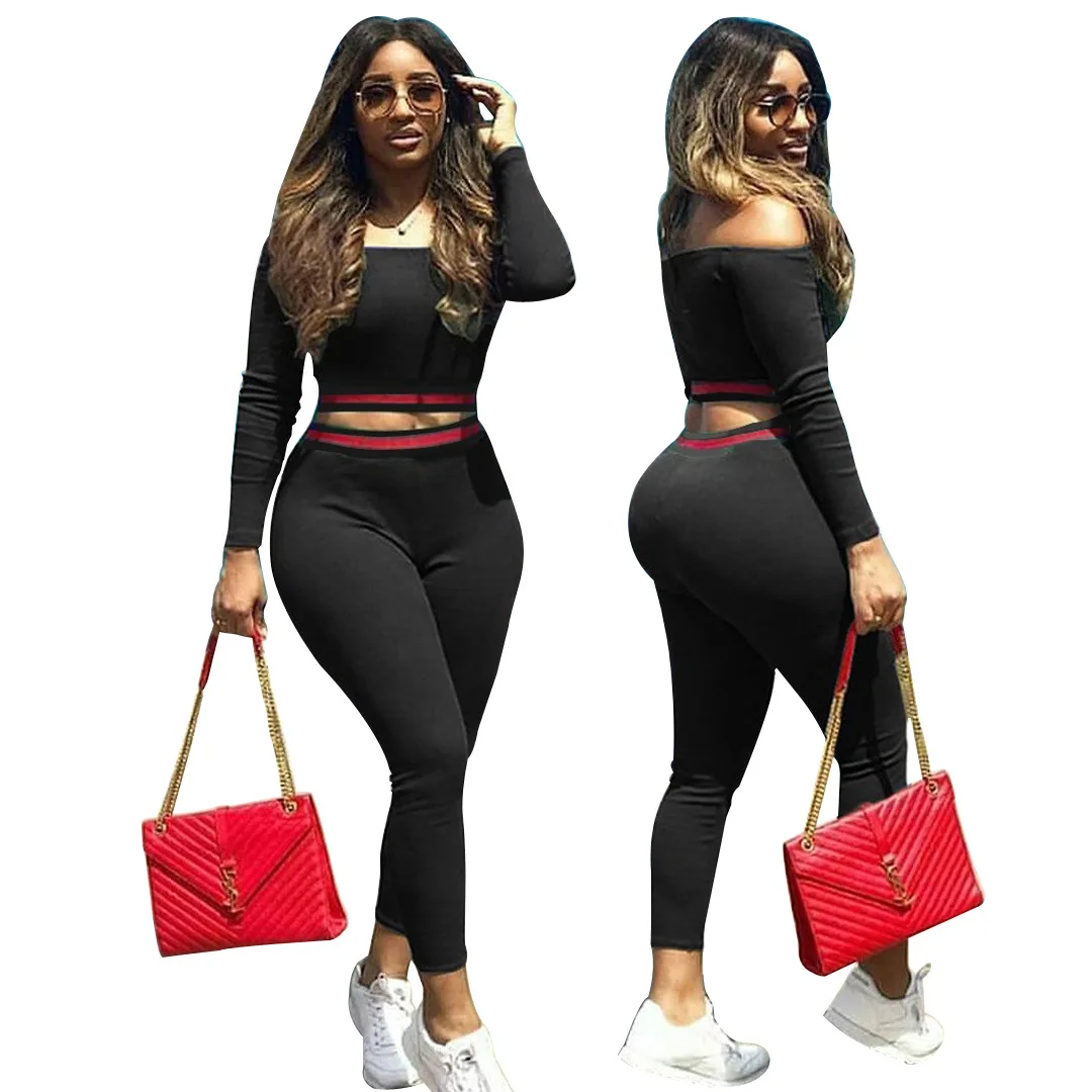 

Autumn and Winter Off Shoulder Set Solid Stripe Waistband Casual Sports Two Piece Set Street Fashion