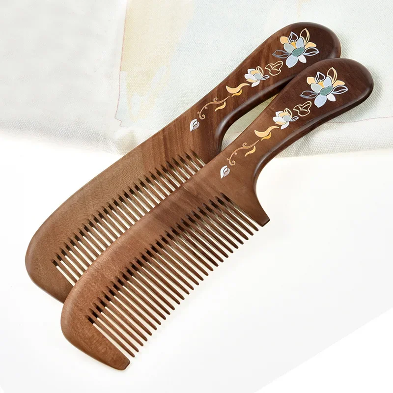 1Pcs Wood Comb Carved Painted Anti-Static Natural Head Massage Comb Handmade Wooden Hair Comb Hair Styling Tools for Gift