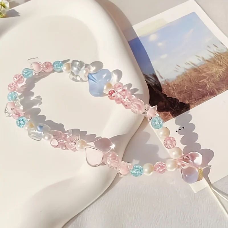 

Cute Pink Love Heart Bowkont Beads Phone Chain Sweet Bear Hanging Rope Camera Lanyard Anti-lost Wrist Straps Bag Accessories