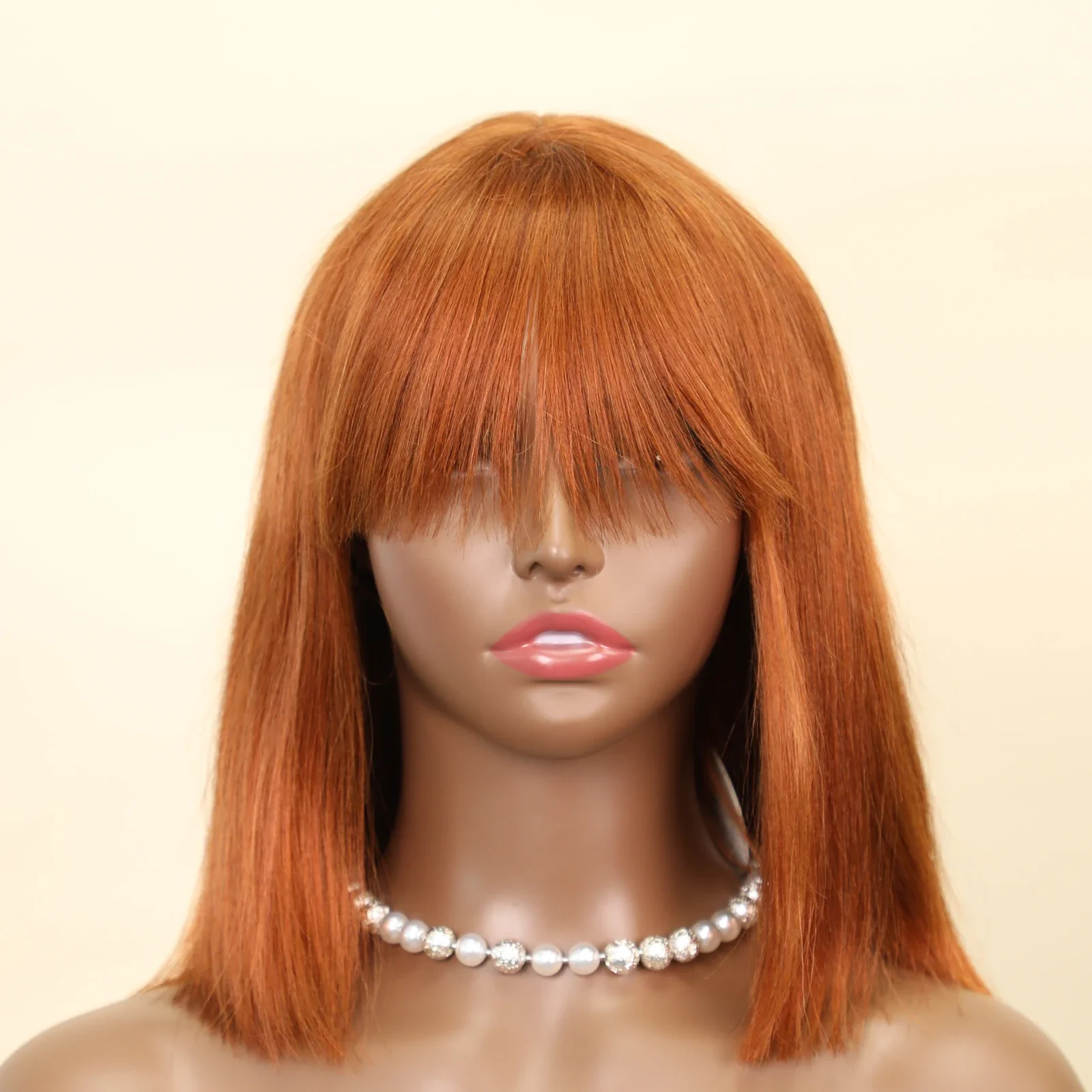 

12Inch Straight Human Hair Wig With Bangs #33 Ginger Color Remy 2x1 HD Layered Cut Lace Wig Double Weft Short Bob Wigs For Women