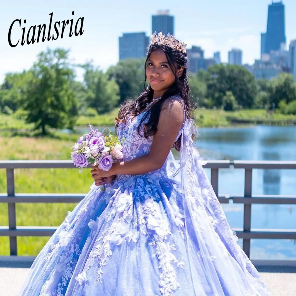 Light Blue Quinceanera Dresses 3D Appliques Beading Sequin Sweetheart Handmade Flower Ball Gowns Vestidos De 15 Años