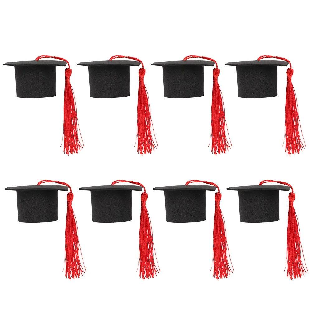 

8pcs Graduation Cake Toppers Mini Bachelor Hat Doctoral Cap Decor Red Tassel Party Supplies Cupcake Decorations Grad