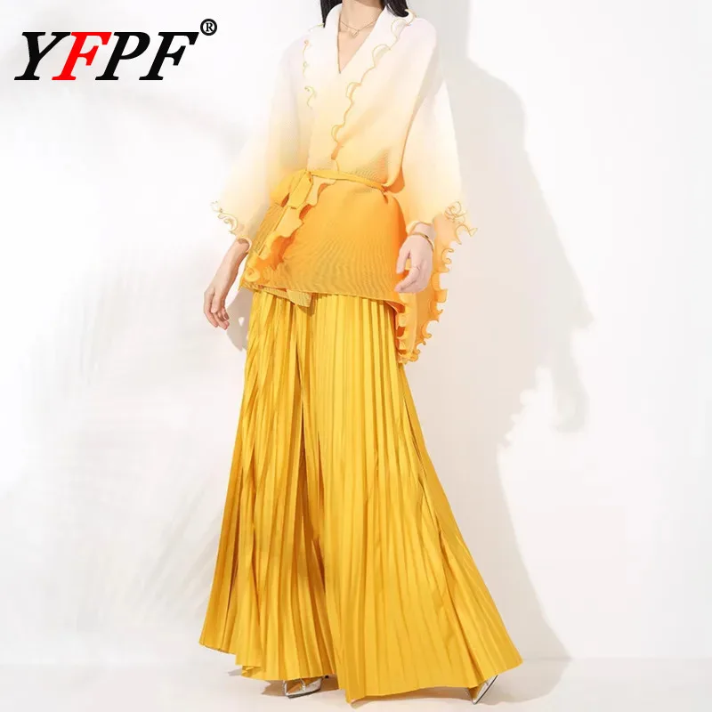 

YFPF 2025 Fashion Gradient Miyake Pleated Design Set Women Loose Belt Ruffles Blouse + A Line Long Skirt Elegant New 3A128