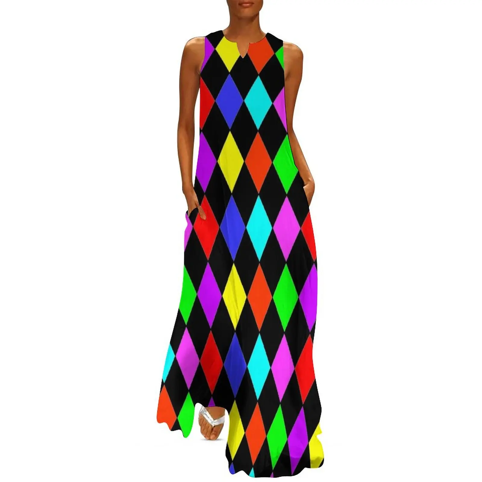 

MULTICOLOUR HARLEQUIN WITH PINK RED GREEN BLUE BLACK RED PURPLE AND YELLOW Long Dress