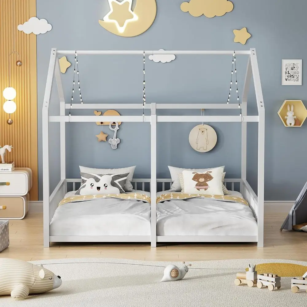 سرير مزدوج على الطراز مونتيسوري مع حاوية وسقف للاستخدام المشترك للأطفال والمراهقين والفتيان والفتيات، سهل التجميع، بدون صندوق Sp