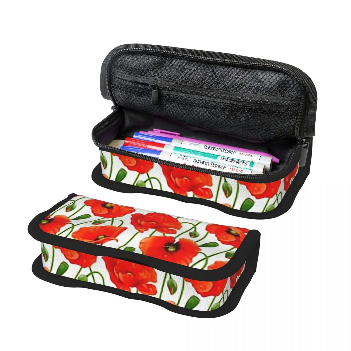 Schönes Federmäppchen mit roten Mohnblumen für Schüler, Stiftbox, Stifttasche, Schreibwaren, Stifthalter-Tasche