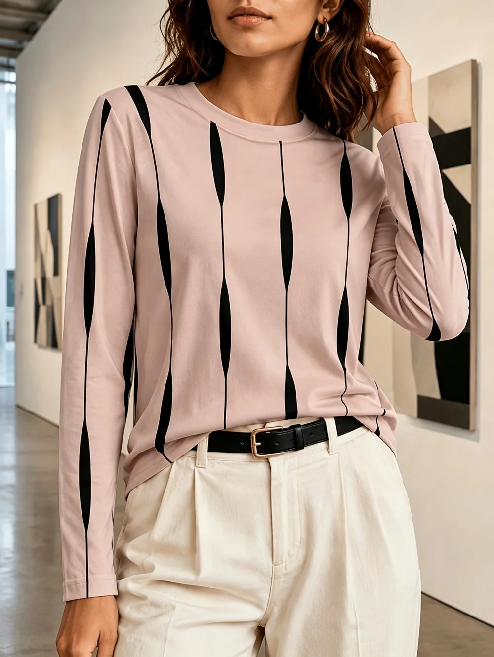 Elegantes Damen-T-Shirt mit 3D-Druck, Herbstmode, Rundhalsausschnitt, langärmelig, gestreift, schlicht, für den täglichen Gebrauch, Damenbekleidung. – Detail 6