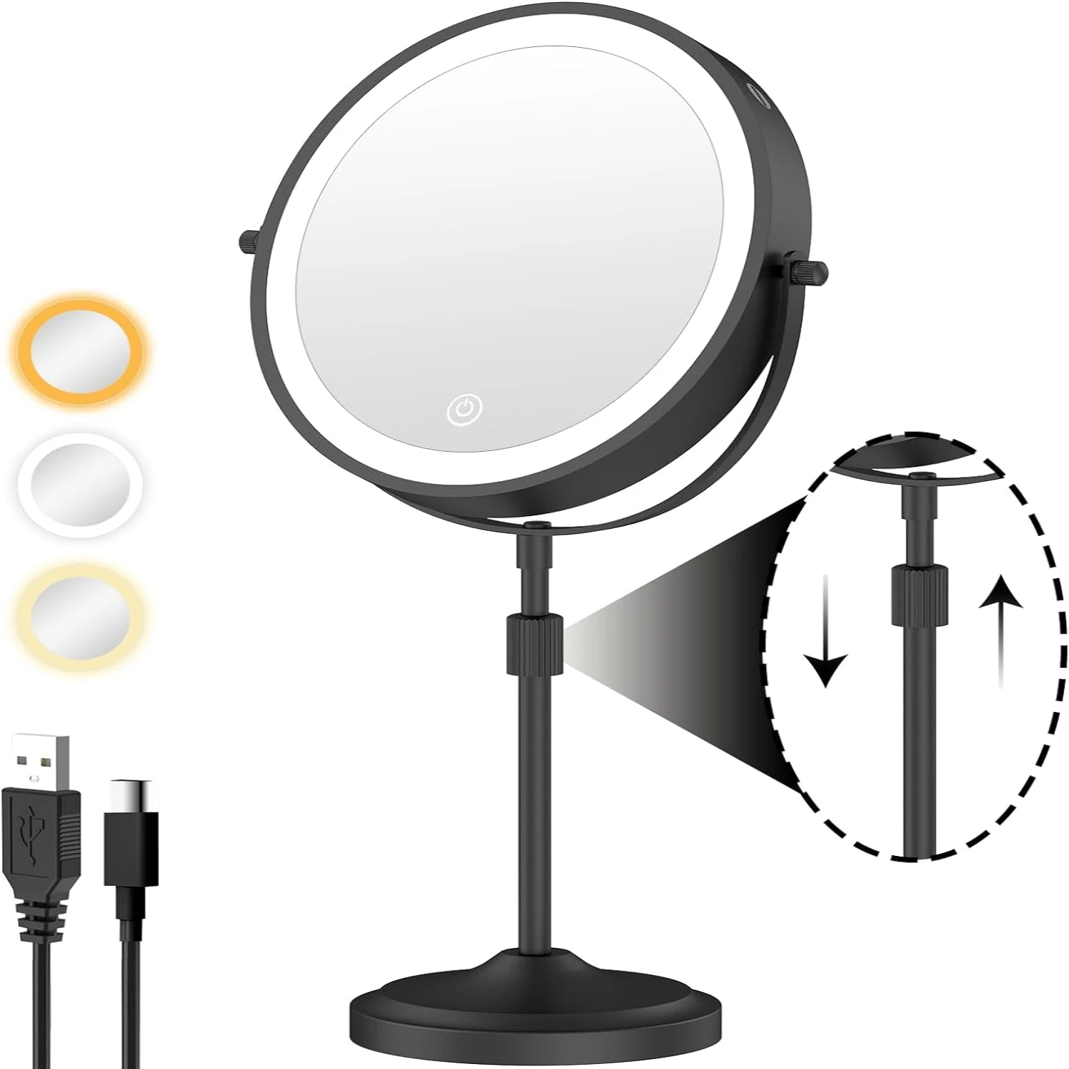 Adjustable Height Elegant Chrome Finish Lighted Vanity Mirror with 1X 10x Magnification, Dimmable Brightness, and Rechargeable 5