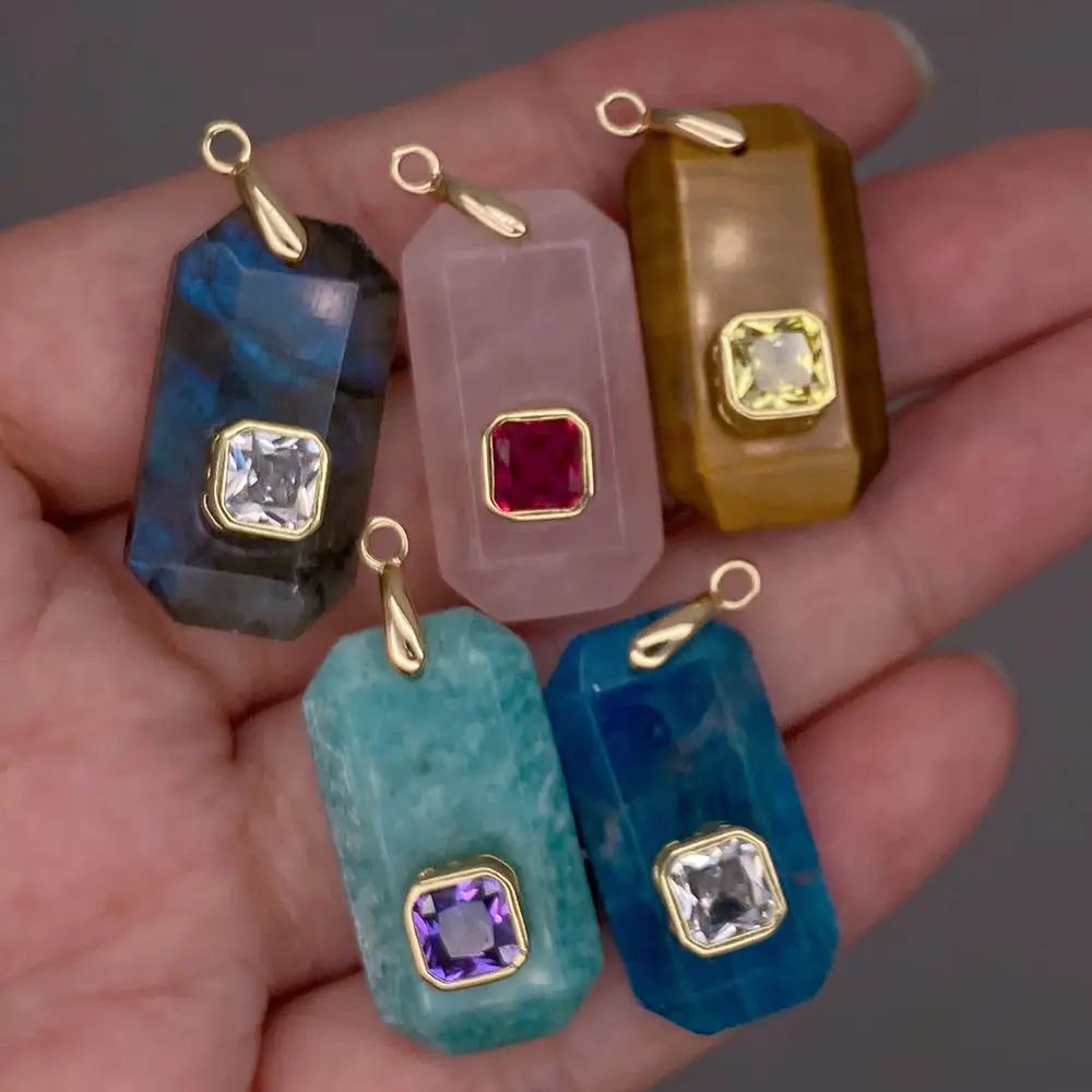 5 Pcs Natural Gemstone Rectangle Shape Apatite Rose Quartz Tiger Eye Amazonite Labradorite Cz Pendant view 5