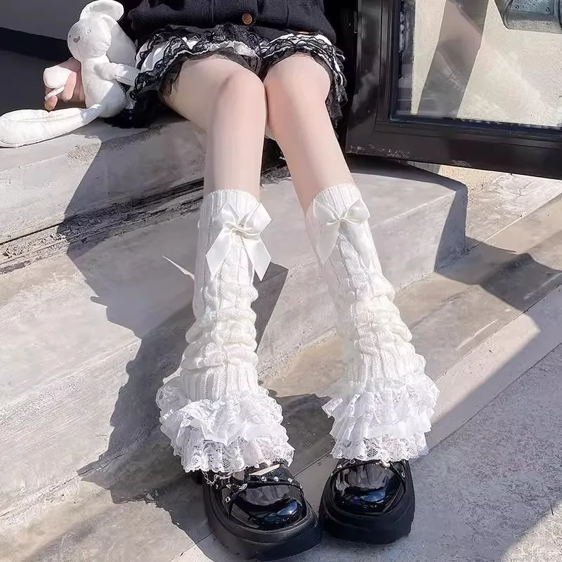 Lolita Slouchy Beinwärmer für Frauen, gerüschte Spitze, Kawaii Wadenabdeckungen, JK-Uniform, Schleifen-Strickstiefelmanschetten, süße Gothic-Accessoires für Mädchen – Detail 1