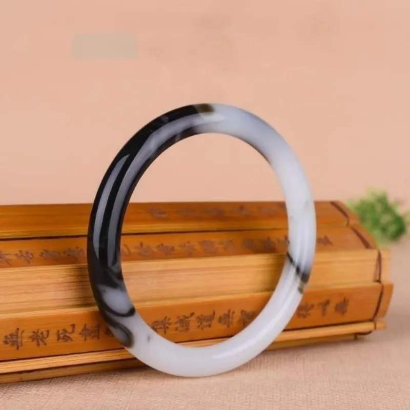 Natural Black and White Hand-carved Round Bar Jade Bracelet Fashion Boutique Jewelry Men and Women Blue and White BeautyBracelet