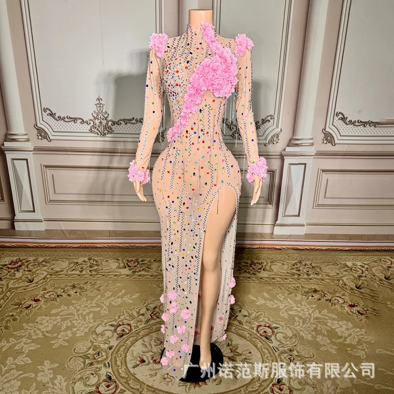 Fashion Flower Color Hot Diamond Mesh Split Dress Evening Dress Party Clothing Car Model Performance Clothing Abendkleider Luxus