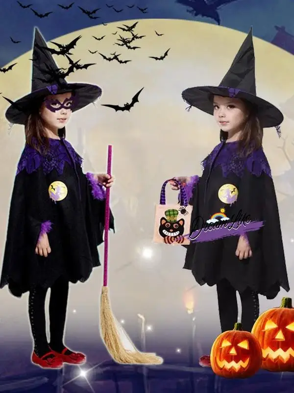 loween Costume da strega cosplay per bambini Abito da spettacolo Set genitore-figlio Vestito da strega per ragazza Abbigliamento da spettacolo teatrale