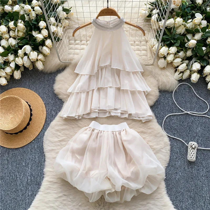 

New Korean Chic Chiffon 2 Pieces Suits Women Beads Halter Ruffles Short Vest Shirt Top&Mini Shorts Holiday Summer Two Piece Sets