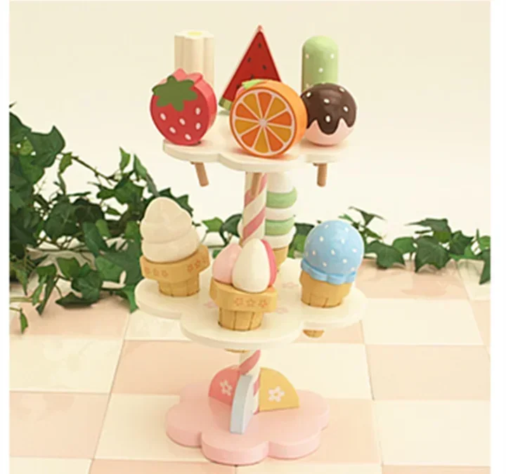 [ Funny ] Wooden Mother Garden Strawberry three layer cake Ice cream stand blocks Pretend Play House kitchen toy Cooking gift