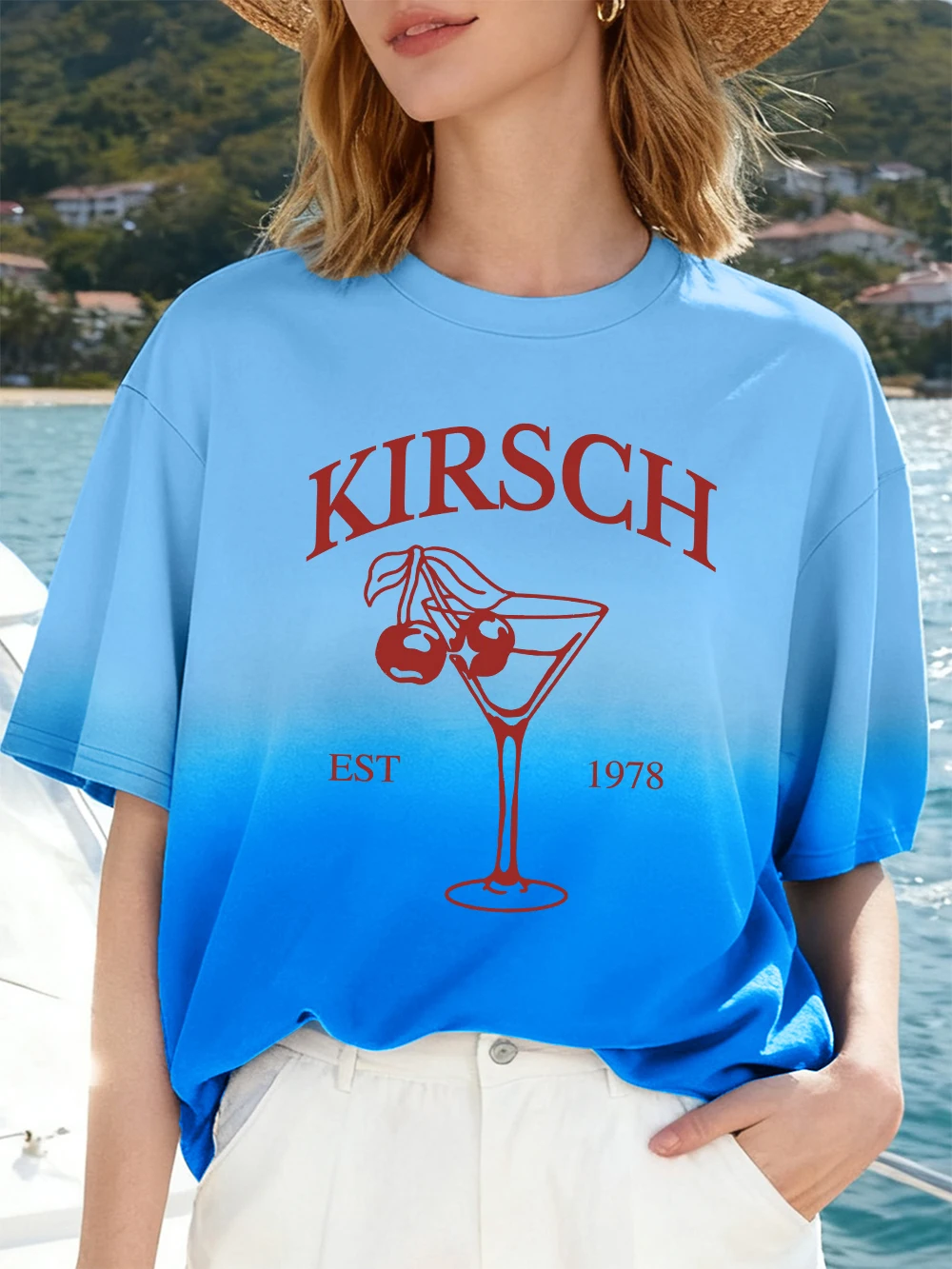 Camisetas con estampado de cerezas Kirsch para mujer, camisetas con tinte anudado degradado, camisetas de verano con cuello redondo, camisetas de tendencia de manga corta de gran tamaño, ropa suave