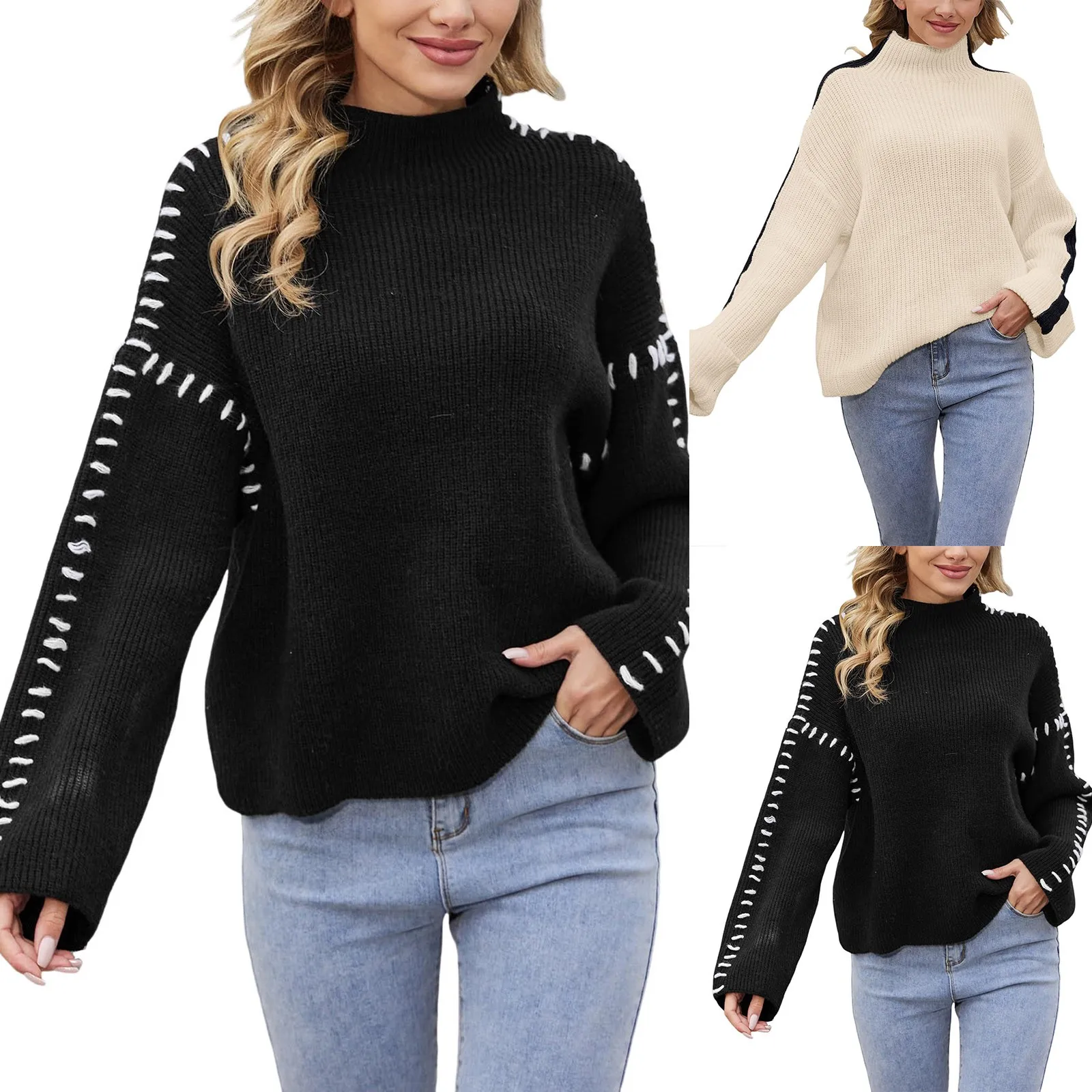 Women\'s High Quality Fall Turtleneck Sweater Contrast Stitching Chunky Long Sleeve Knit Sweater Pullover Fashion Knit Outerwear