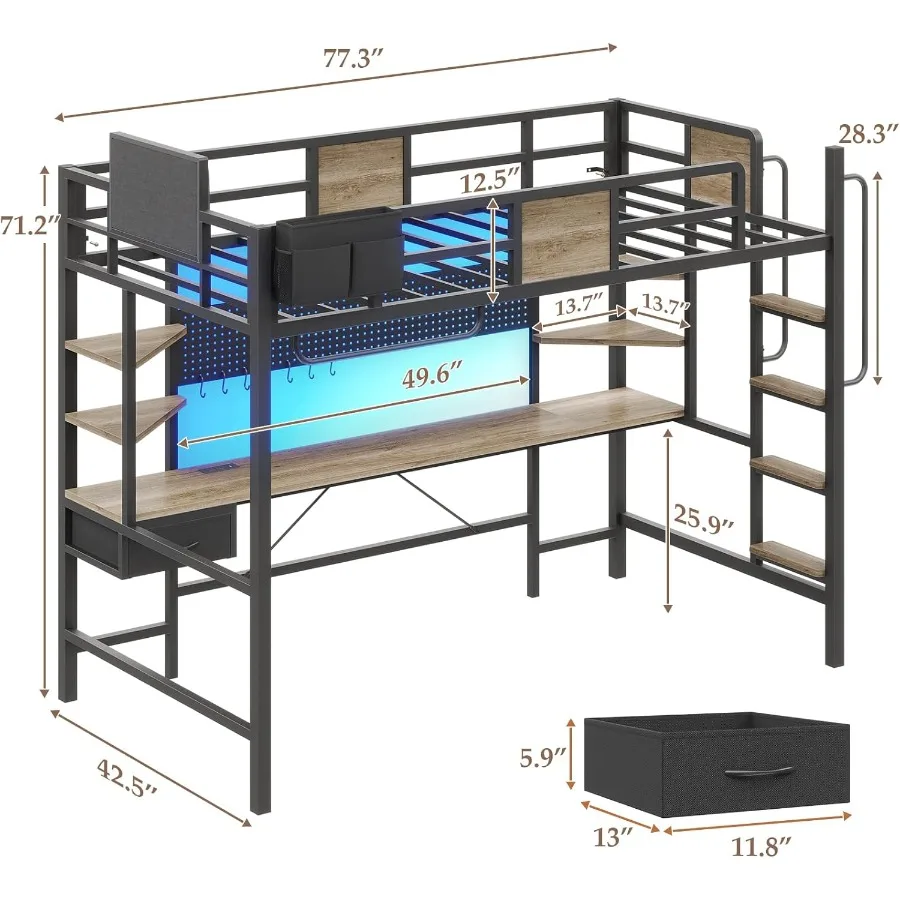 سرير علوي مع مكتب سرير علوي مزدوج الحجم مع أضواء LED ومحطة شحن سرير بطابقين مع منظم تخزين سلم قابل للإزالة #3