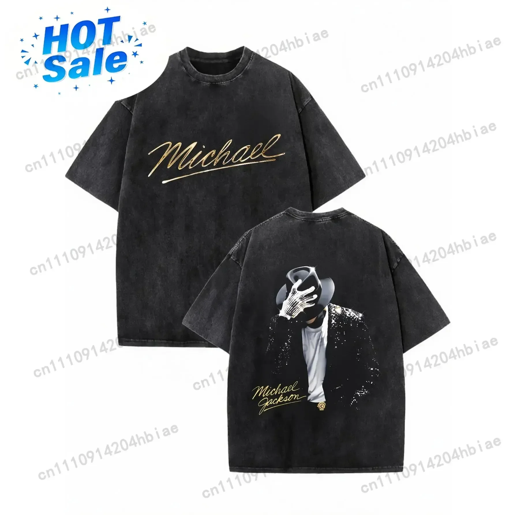 Washed T-shirt,100% cotton, featuring Michael Jackson's iconic signature and classic pose patterns. Suitable for summer streetwe