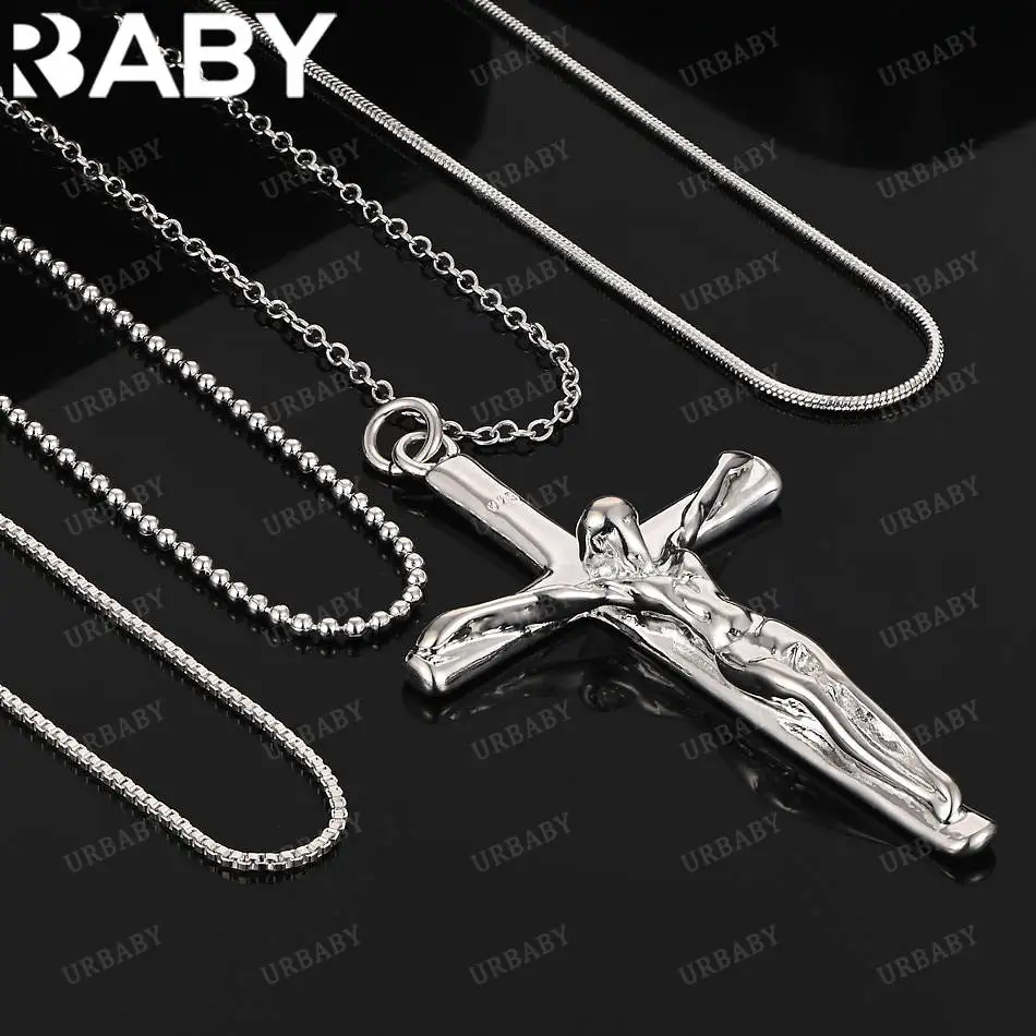 

URBABY 40-75cm 925 Sterling Silver Jesus Cross Pendant Necklace For Women Men Charm Trend Birthday Gifts Fashion Party