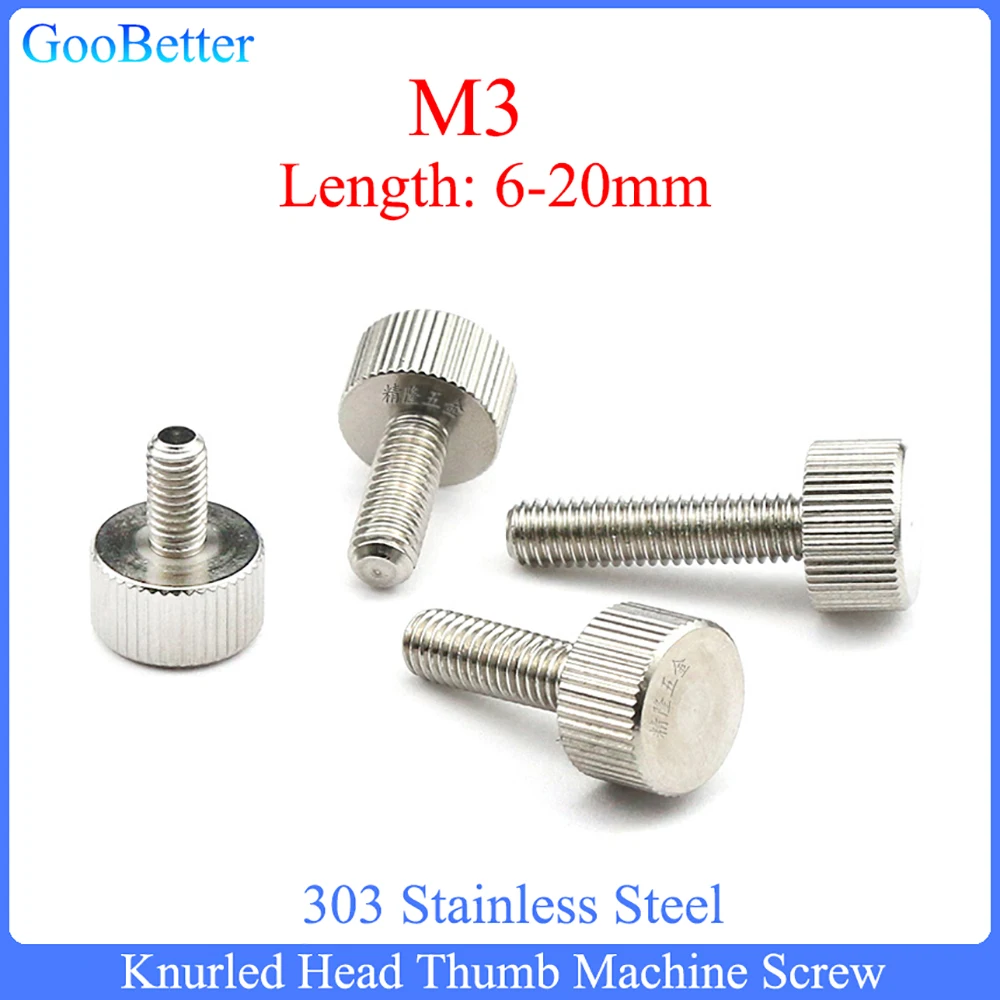 

1-100Pcs Knurled Head Thumb Machine Screw M3 303 Stainless Steel Thumb Screws Tool Round Hand Adjustment Bolts Length=6-20mm