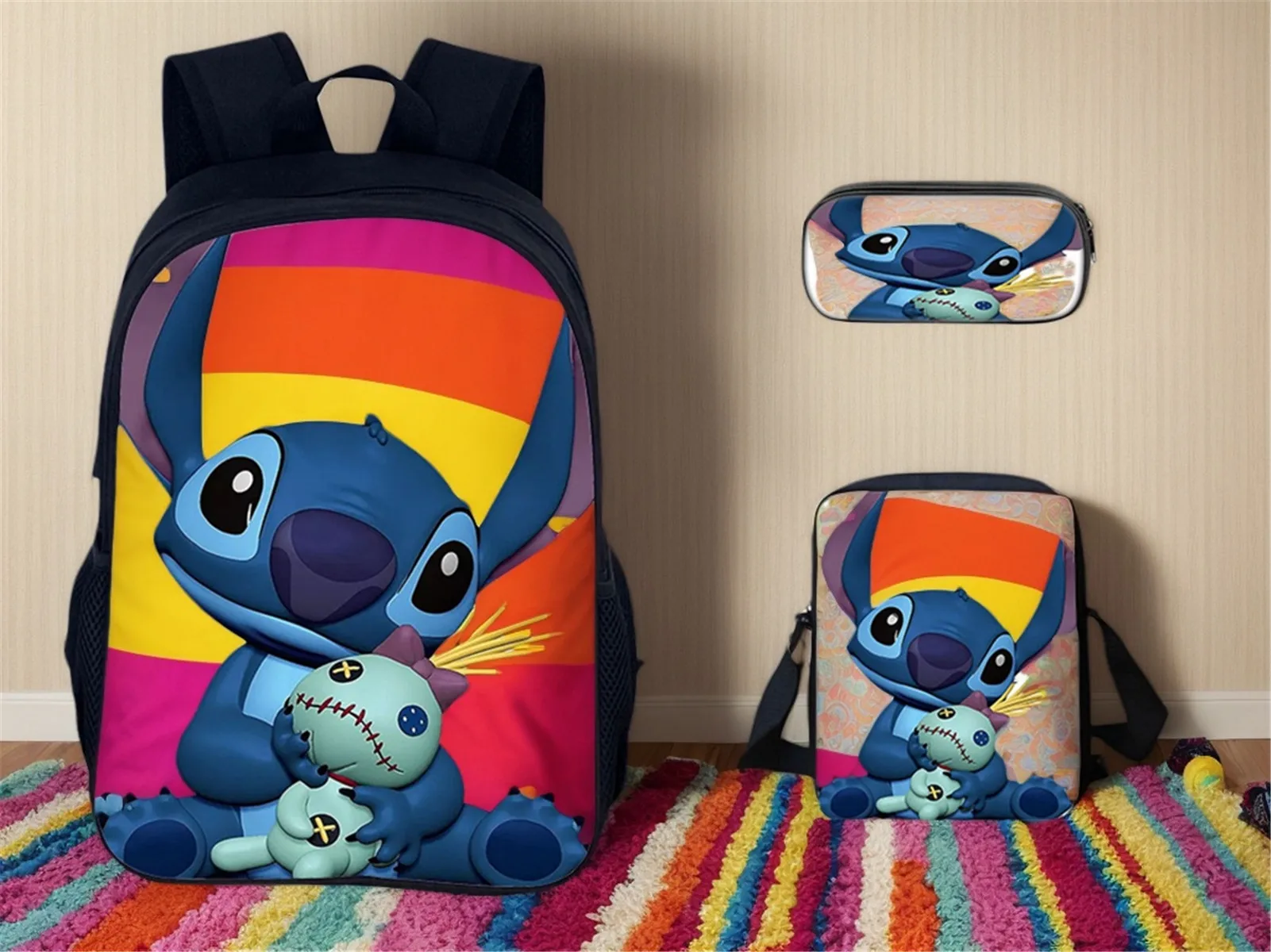 

3 in 1 School Book Bag Daypack Set-Kid Stitch Classic Backpack,Lightweight Rucksack+Shoulder Bag+Pencil Case