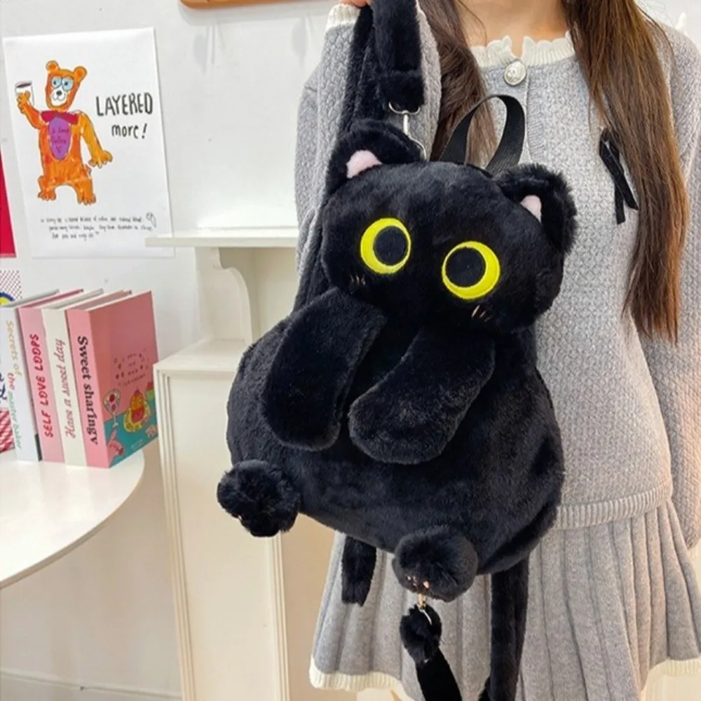 Kawaii Cute Backpack Big Capacity Shoulder Bag Soft Fluffy Black Cat For Girls Women