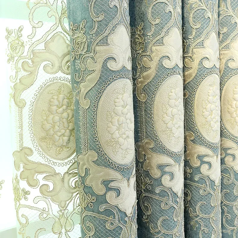 

European Luxury Embroidery Curtains for Living Room Bedroom Villa American High Shading Blackout Coffee Blue Valance Custom Size