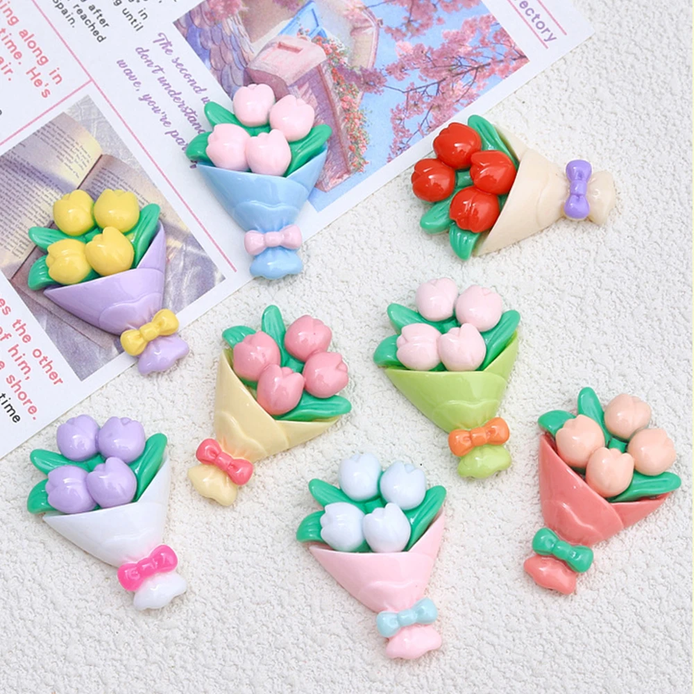 10PCS Shiny 34x25mm Tulip Bouquet Resin Flatback Cabochons For Hairpin Scrapbooking DIY Jewelry Craft Decoration Accessories