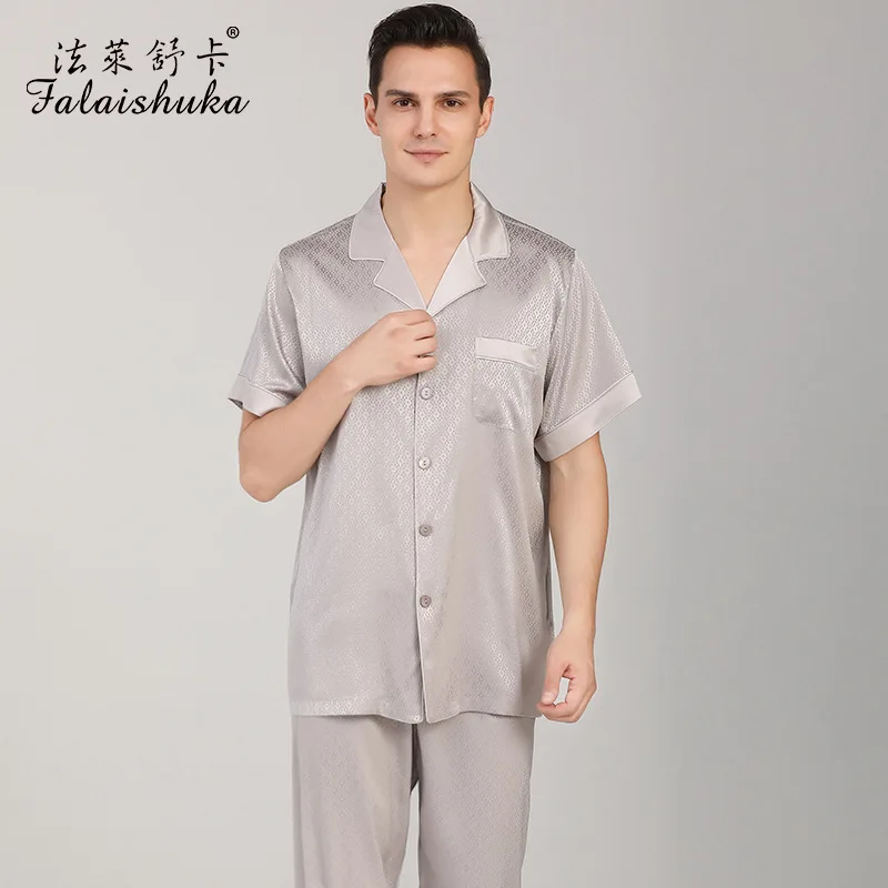 19 momme 100% genuine silk pajamas sets men short sleeves trousers Elegant silver gray plaid male pyjamas sleepwear T9096